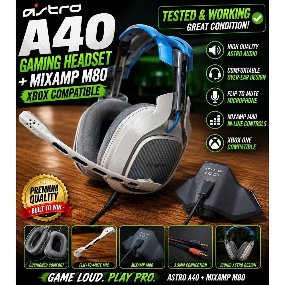 Astro A40 Wired Gaming Headset White Gray w/ MixAmp M80 Xbox Tested